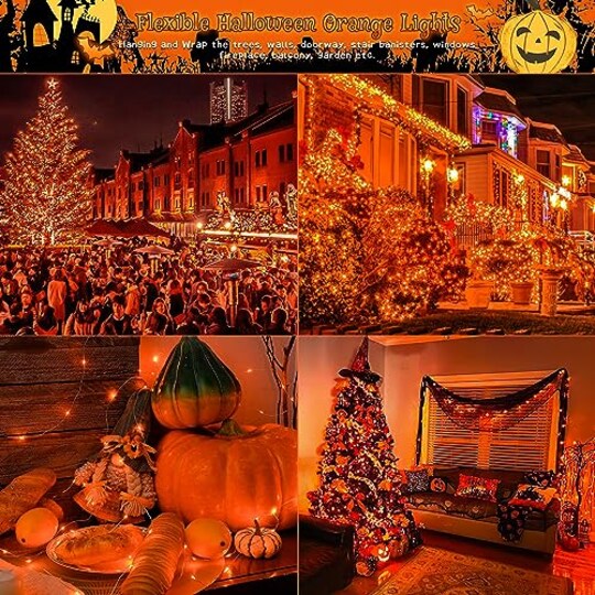 woohaha; 2 Pack Solar Halloween Lights Outdoor,Each 33Ft 100LED Orange Halloween Lights,Copper Wire Solar Powered Fairy String Lights 8 Modes for Garden,Tree,Thanksgiving,Christmas,Parties,Home Decor; Category:Halloween Decorations; Image:1